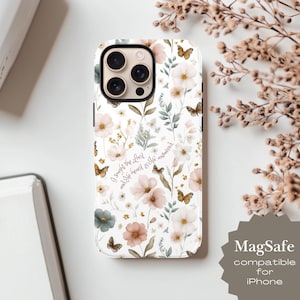 May include: A white iPhone case with a floral pattern of pink, peach, and blue flowers, green leaves, and brown butterflies. The case has the text "I sought the Lord and He heard & He answered."