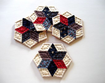 Star Hand Quilted Coasters, Fabric Coasters, Patriotic Decor, Americana, Drink Coasters, Mug Mats, Rustic Farmhouse Country Primitive Decor