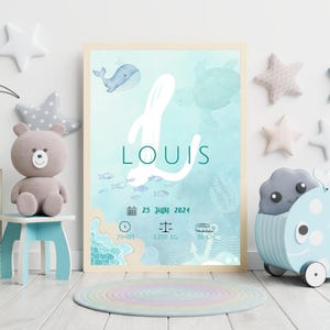 Cartel de nacimiento personalizado sobre el tema del mar, cartel con el nombre del bebé, decoración personalizada, regalo de nacimiento o bautismo