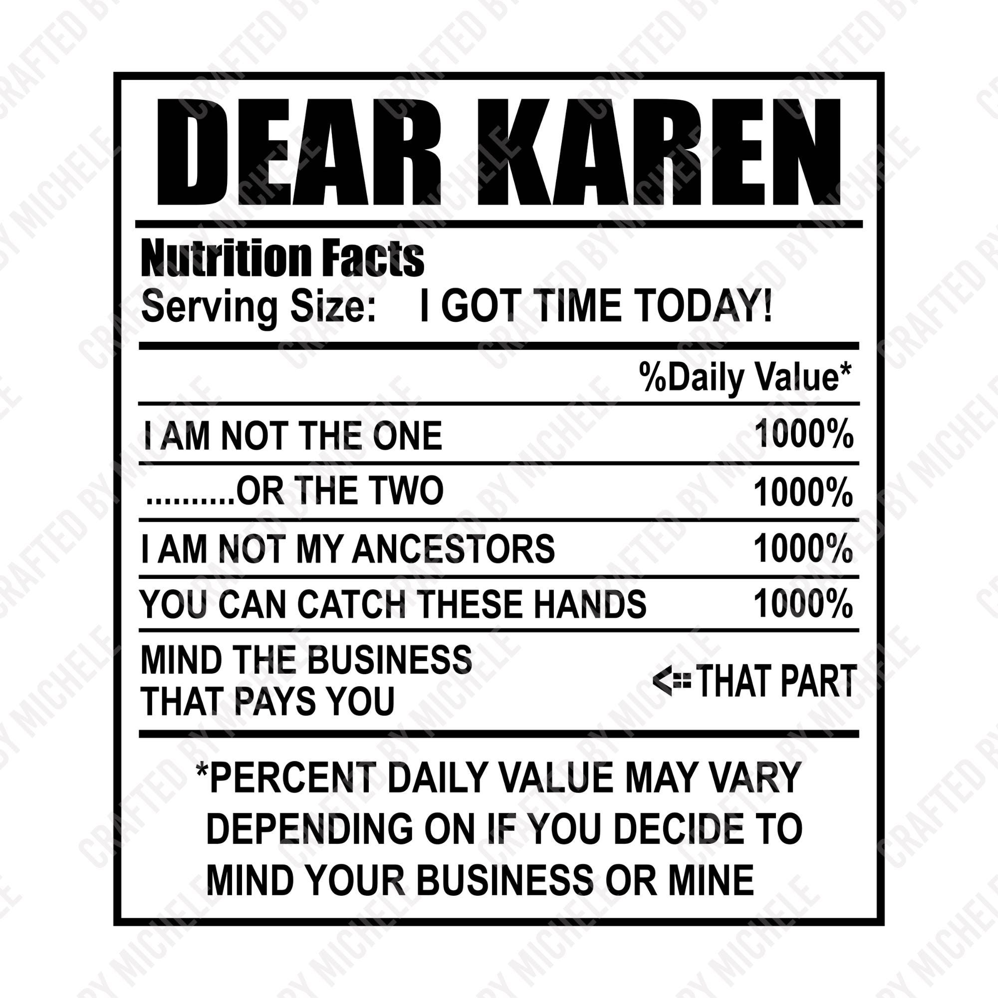 Dear Karen Nutrition Label, Sarcastic, Adult Humor, Gift for Her, Funny ...