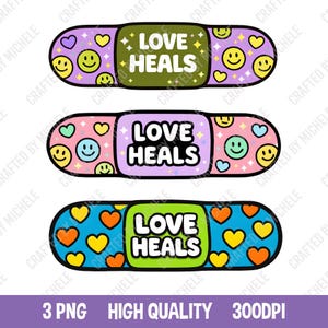 May include: Three decorative bandage designs with the text "LOVE HEALS". Each bandage features a different color scheme: purple with smiley faces, pink with hearts and smiley faces, and blue with hearts and smiley faces.