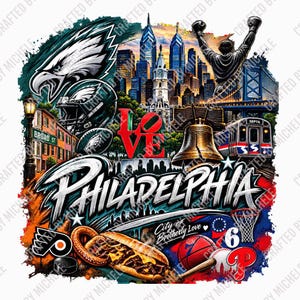 May include: A graphic design featuring Philadelphia landmarks including the skyline, Liberty Bell, and Rocky statue. It includes a football helmet, eagle, SEPTA train, pretzel, cheesesteak, basketball, and the text Philadelphia and City of Brotherly Love.