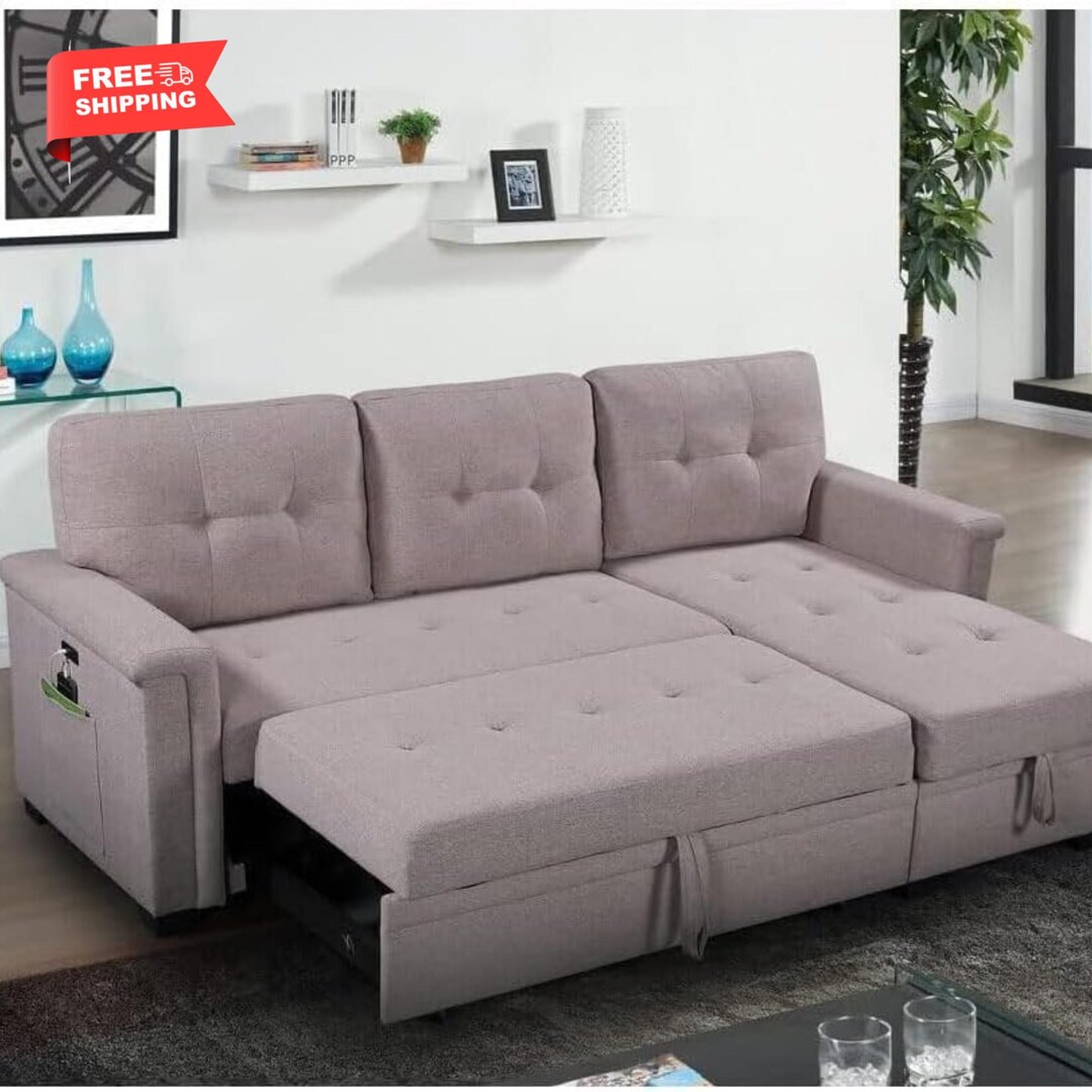 Ashlyn Reversible Sleeper Sectional Sofa in Light Gray With Pocket, USB ...