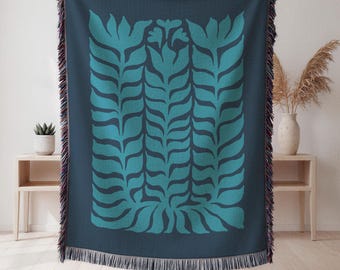 Teal Botanical Leaves Woven Blanket: Modern Home Decor Throw