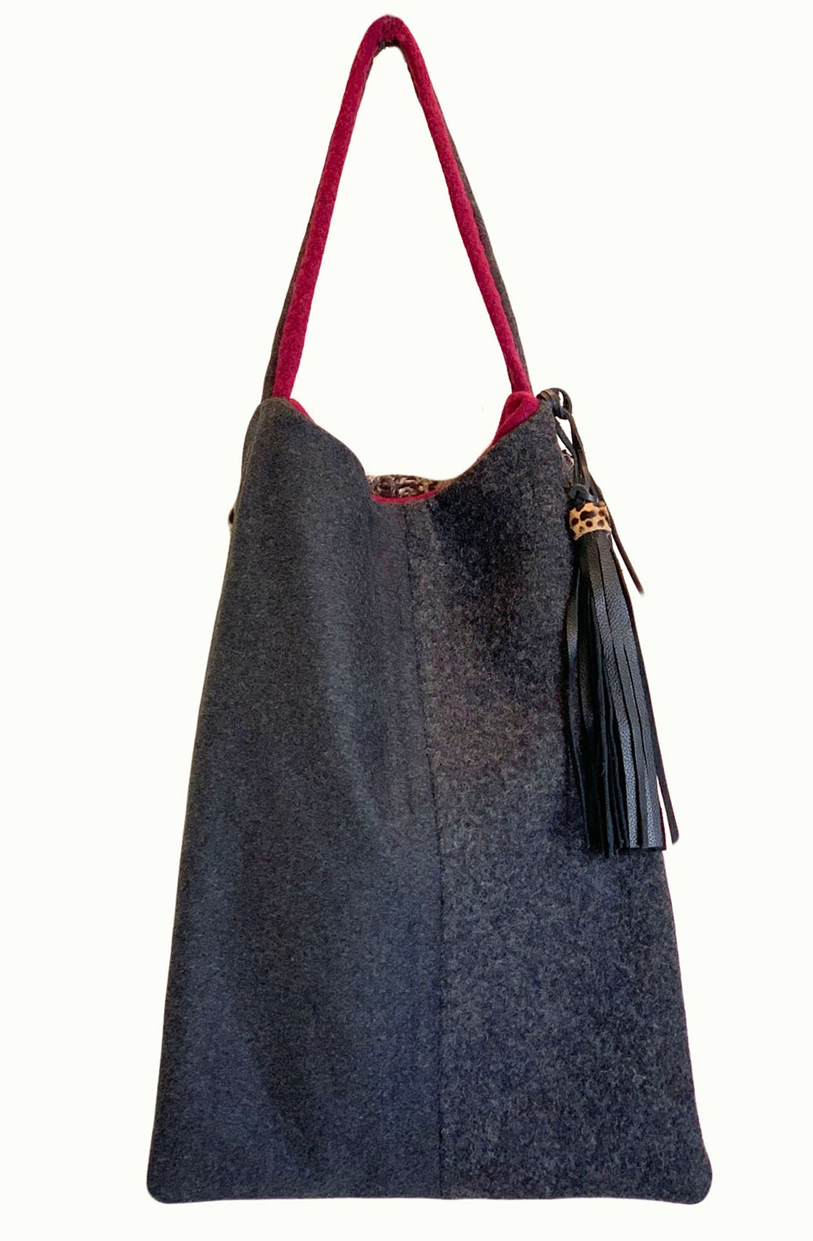 Charcoal Wool Shoulder Bag With Cranberry Red Trim and Animal Etsy Sweden