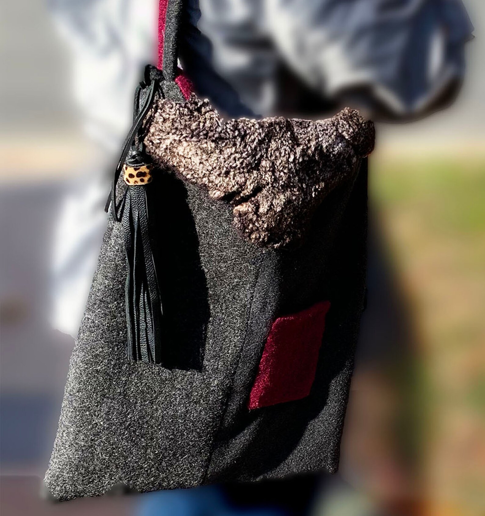 Charcoal Wool Shoulder Bag With Cranberry Red Trim and Animal Etsy Sweden