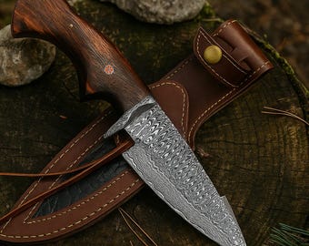 Handmade Damascus Steel Hunting Knife – Viking Pocket Knife with Leather Sheath