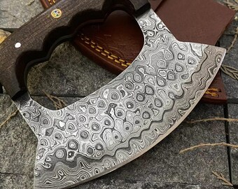 Damascus Steel Ulu Knife 6" Pizza Cutter, Mezzaluna Chopper with Leather Sheath