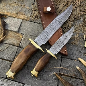 custom hand forge gift for him Damascus hunting14&#39;&#39;   , Skinner 9 inch bush craft knife rose wood handle guard with pure leather sheath