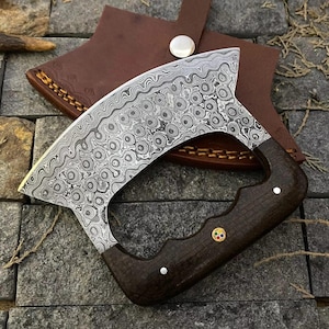 Cuchillo Ulu de Alaska de acero de Damasco hecho a mano personalizado con funda, cuchillo cortador de pizza de 6&quot;, cuchillo picador Mezzaluna para cocina, aniversario