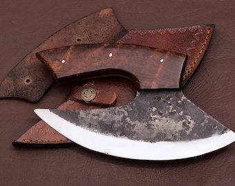 Op maat gemaakte Viking-pizzabijl, handgesmede roestvrijstalen snijder met houten handvat