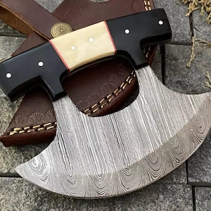 Cuchillo Ulu de Alaska de acero de Damasco hecho a mano personalizado con funda, cuchillo cortador de pizza de 6&quot;, cuchillo picador Mezzaluna para cocina, aniversario