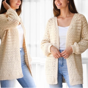 Handmade Crochet Cardigan for Women - Boho Open Front Sweater, Long Sleeve Knit Jacket, Cozy Lightweight Fall & Spring Cardigan