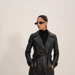 Women&#39;s Black Leather Coat | Handmade Genuine Real Winter Coat | Blazer Style Coat |  Trench Design Long Length Black Coat | Gift For Her
