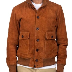Handmade GoatSkin brown Suede Biker Jacket | Men's Button Down Suede Leather Jacket | Bomber Jacket