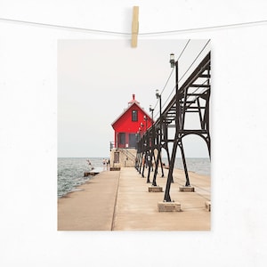 Grand Haven Lighthouse Michigan, Lighthouse Photograph, Lake Michigan, Red Lighthouse, Summer Photography