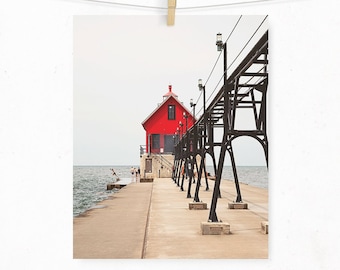 Grand Haven Lighthouse Michigan, Lighthouse Photograph, Lake Michigan, Red Lighthouse, Summer Photography