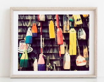 Hanging Buoys Photography, Nautical Home Decor, Seaside Art, Cape Cod Photograph, Coastal Art, Cottage New England, Colorful Bold Rustic