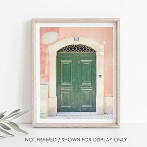 May include: A green wooden door with a metal grate and a peach-coloured building behind it.