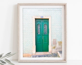 Green Door Photograph, Lisbon Door, Lisbon Tile, Travel Photography, Portugal Photo, Doorway Picture, Housewarming, Architecture, Door Print