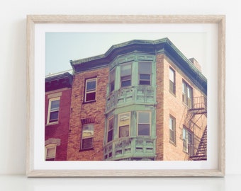 Boston Architecture Photography, Mint Buildings, fine art print, New England art, pastel windows, brick green, pale autumn, city picture