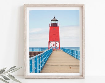 Charlevoix South Pier Lighthouse Photograph, Michigan Photography, Lighthouse Photograph, Red Lighthouse, Minimal Modern Lighthouse