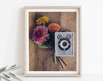 Ansco Craftsman Box Camera and Flowers Photograph, Still Life Camera and Flowers Photography, Floral Art Print, Vintage Antique Camera Art