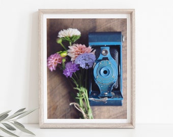 Blue Pocket Folding Camera Photograph, Still Life Camera and Flowers Photography, Floral Art Print, Vintage Antique Camera Art