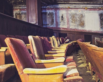 Abandoned Photography, Urban Decay Photograph, Old Theater, Mustard Yellow and Eggplant, Haunted Halloween Decor, Theatre Picture