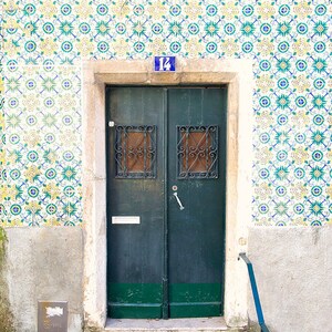 May include: A green wooden door with a number "14" above it. The door has two windows with black metal bars and a silver door handle. The door is set in a white frame and is surrounded by a wall covered in blue and white patterned tiles.