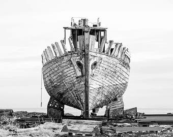 Decay Photography, Shipwreck, Black and White Photography, Iceland, Akranes, Abandoned Boat, Old Boat, Nautical, Icelandic, Nordic, Urbex