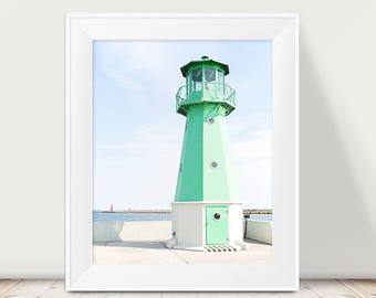 Lighthouse Photograph, Gdansk Poland, Poland Photography, Europe Travel, Nautical, Green Lighthouse, Mint Lighthouse, Modern, Beach Decor