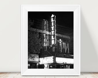 Theater Photograph, Urban Black and White Photography, City Street, Night Photograph, Little Theater, Rochester New York, Sign Photograph