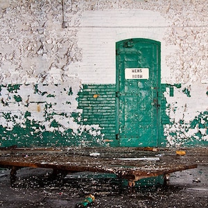 Decay Photography, Bathroom Art, Urban Decay, Men&#39;s Room, Bathroom Decor, Abandoned, Architecture, Teal Green White, Geometric Peeling Paint