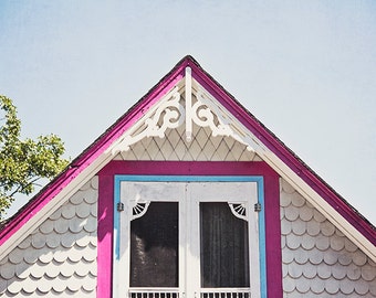 Martha's Vineyard Rustic Cottage Photography, Bright Pink and Blue, Seaside Cottage Photograph, Charming Whimsical Architecture, Rustic Art