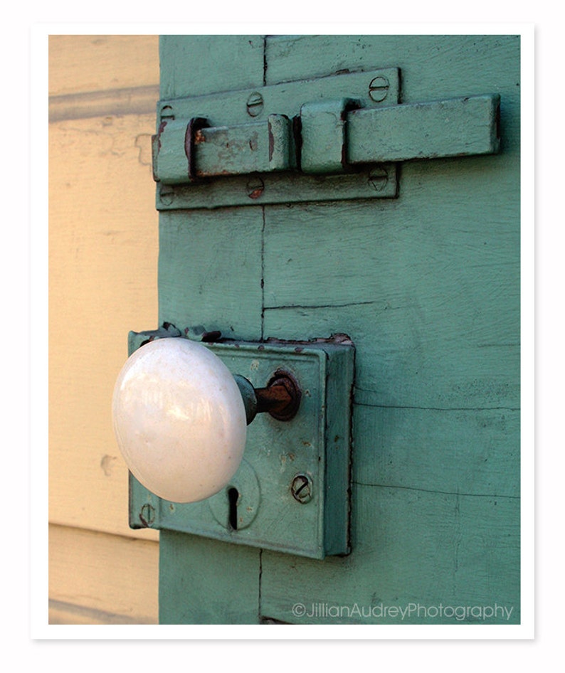 Rustic Photography, Door Knob Photography, New Orleand Door Photograph, ocean green teal door, cream white, Shabby Chic Art, Cottage Decor image 1