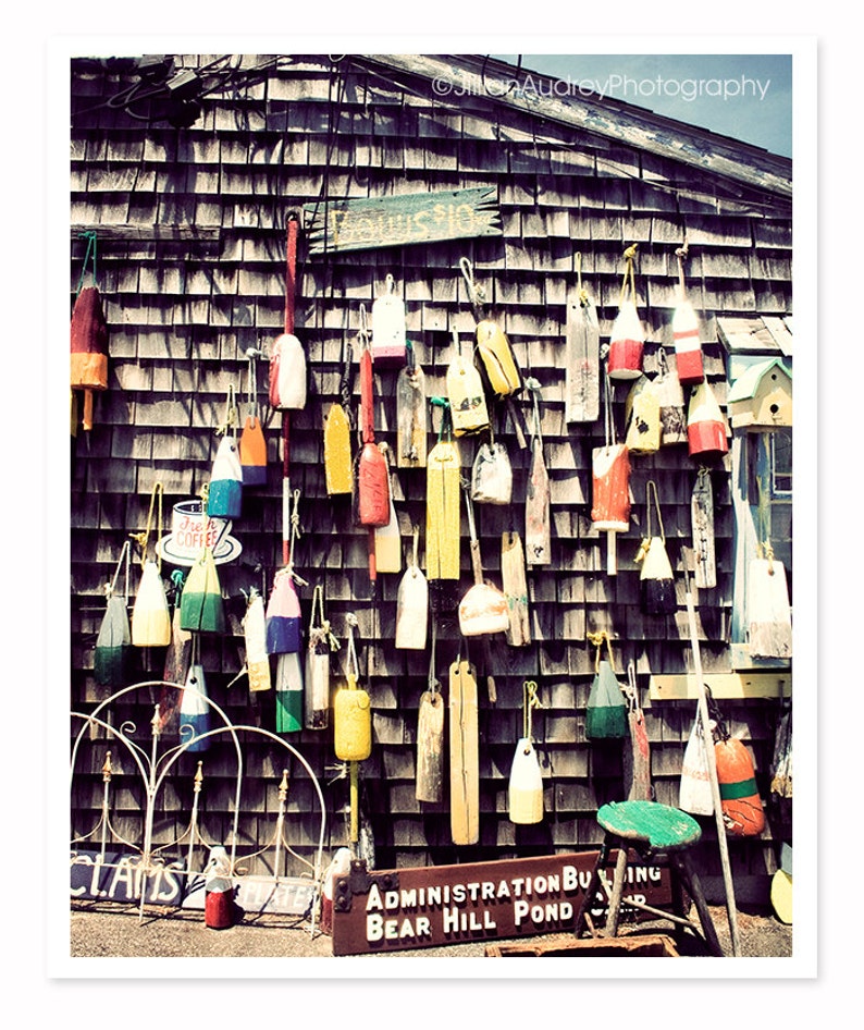 Hanging Buoys Photograph, Nautical coastal photography, seaside photography, Dark Natural Wood, Cape Cod New England, rustic cottage decor image 2