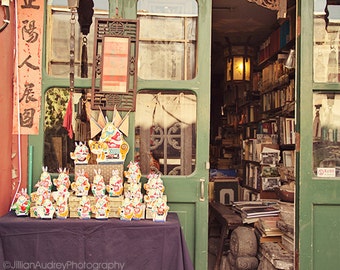 Beijing China Travel Photography, Bookshop Photography, Books and Rabbits, Bookstore vintage style, green, urban city street