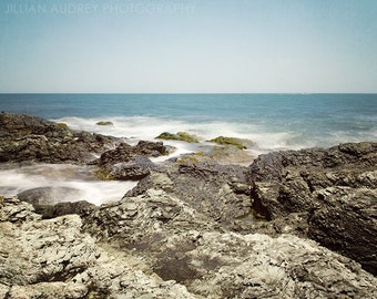 Ocean Photography, Coastal Photograph, Beach Photography, Dreamy, Rhode Island, Dramatic, Long Exposure, Rocky Shore, Beach Decor, Seaside