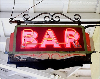 New Orleans Photography, Bar Sign Photograph, Retro neon, French Quarter, mid-century modern, gift for him, red black Mardi Gras, NOLA art