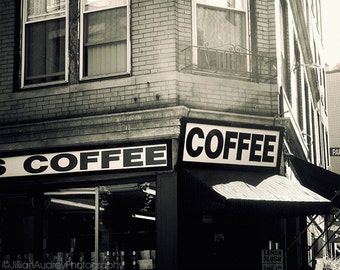 Boston Photography, Coffee Sign, North End photograph, Black and White, travel photography, Urban Kitchen, Coffee Decor, Housewarming