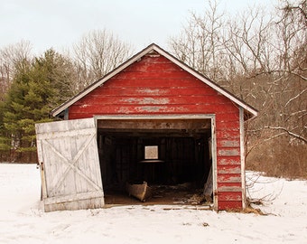 Red Barn Photography, Rustic Photograph, Rural Decay, Abandoned Barn, Barn Door, Country Chic, Cottage Decor, Farm, Red and White, Landscape