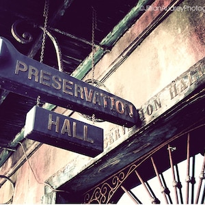 Preservation Hall New Orleans Photograph 8x10 fine art photo print, French Quarter architecture, jazz brown harvest gold, Mardi Gras
