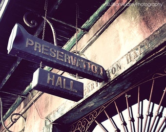 Preservation Hall New Orleans Photograph 8x10 fine art photo print, French Quarter architecture, jazz brown harvest gold, Mardi Gras