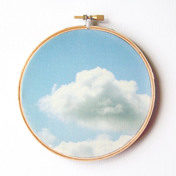 Dreamy Clouds Photograph Fabric Art - 5 inches - Hoop Art - Blue Sky - Abstract Minimalist Photograph - Original Textile - Wall Hanging