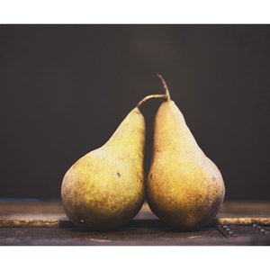 Food Photography, Bosc Pears Photography, Dark Moody, Still Life Photograph, Kitchen Decor, Food Art, Rustic Farmhouse, Cottage Chic image 2