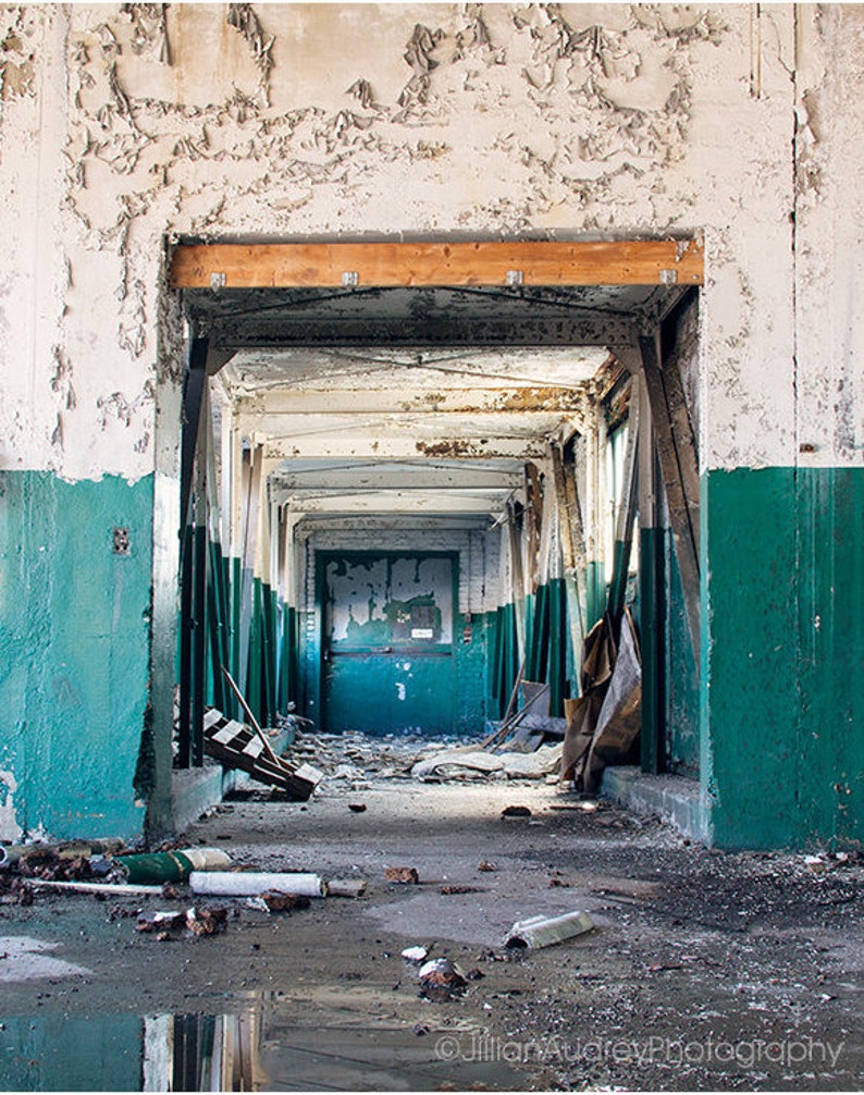 Urban Decay Photography, Abandoned Building Photography, Dark Teal Cream Beige White Decor, Abstract Geometric, Architecture Door Photograph image 2