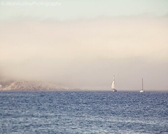 Sailboat Photography, Beach Coastal Decor, Wall Art, Boat Photograph, Ocean Harbor, Blue Seascape, Soft Dreamy Whimsical Print