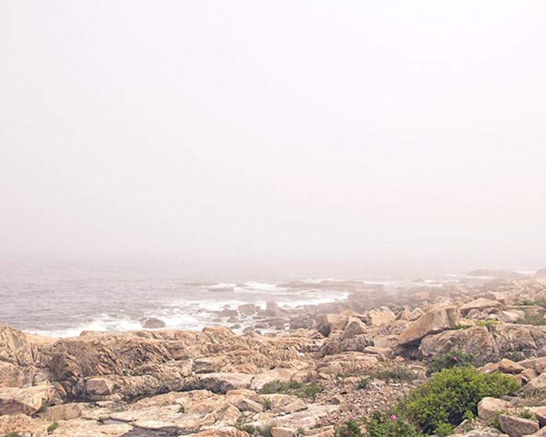 May include: A rocky coastline with a foggy sky and ocean in the distance. The rocks are brown and gray, and there is some green vegetation growing on them.
