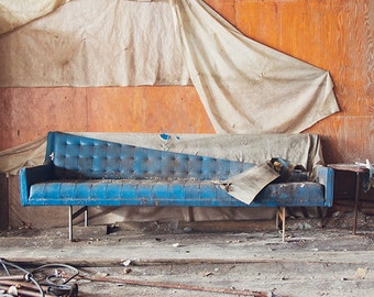 Vintage Blue Couch Photography, Still Life Architecture Photograph, Urban Decay Photography, Abandoned Sewing Factory, Bright Blue Wood